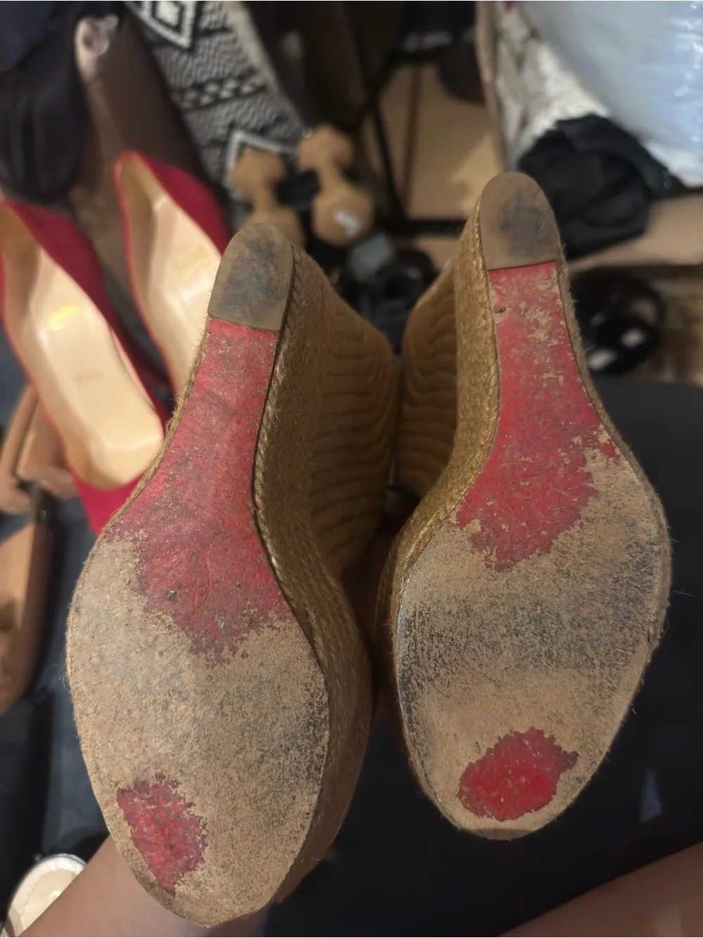 Christian Louboutin Tan Leather Espadrille Wedge Sandals